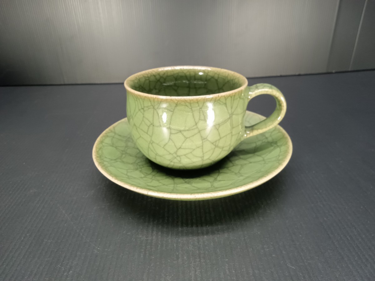 翠青瓷コーヒー碗皿 圓田拓男作 美術年鑑掲載作家 カップ ソーサー コーヒー碗 陶芸作家 有田焼 手作り やきもの 焼物 陶器 拍卖