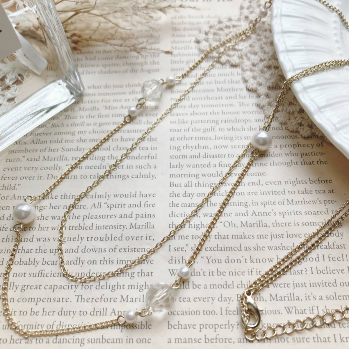 ロングネックレス パール ゴールド チェーン 重ね付け風 ビジュー 軽量 美品☆Vintage jewelry accessoriesk0178拍卖