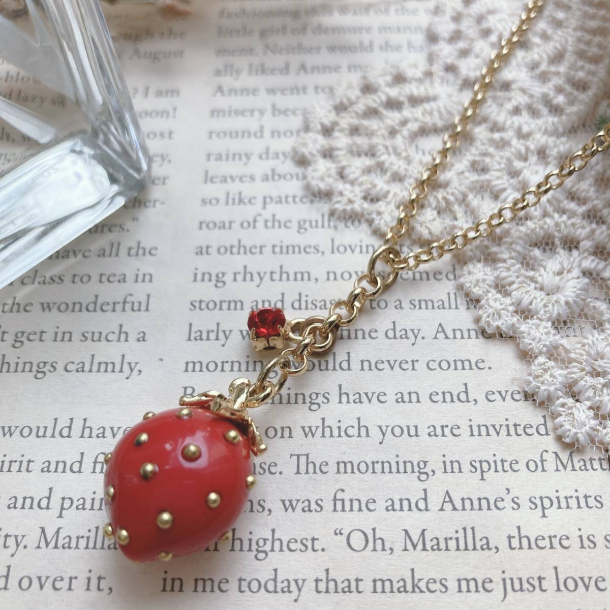 いちごのネックレス シルバー 赤 ストロベリー レッド ストーンチャーム 美品☆Vintage jewelry accessories k0178拍卖