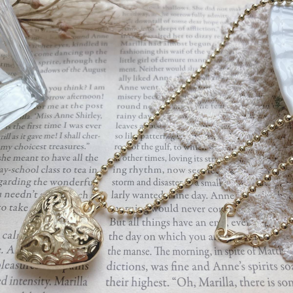 ヴィンテージネックレス パフハートペンダント ゴールド ボールチェーン 美品☆Vintage jewelry accessories k0179拍卖