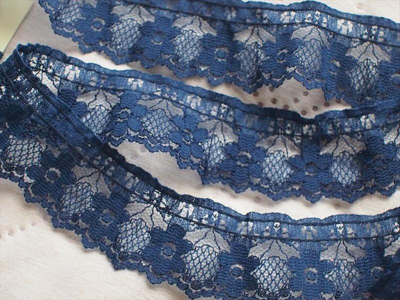 レトロ手芸雑貨*ラッセルフリルレース・紺・200cm弱☆刺繍リメイクハンドメイド材料飾りギャザー拍卖