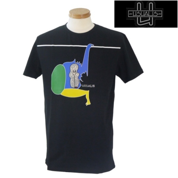 【春夏SALE】ウザリス/USUALIS 夏物 プリント半袖Tシャツ XXXL/4Lサイズ 593-黒系拍卖