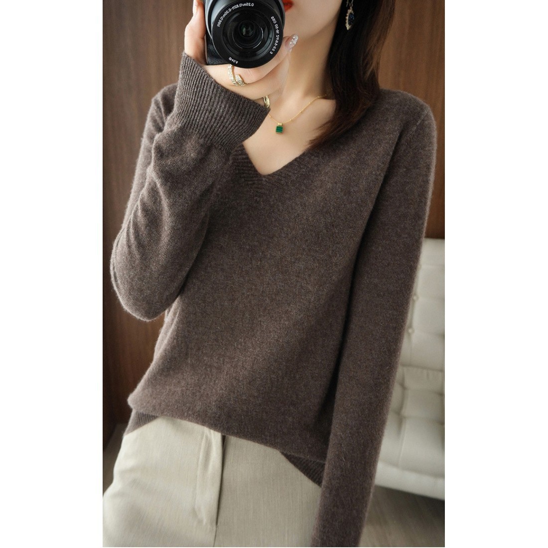 Vネックセーター レディース プルオーバー 無地 ウールセーター ニット 薄手 ダークブラウン Sサイズ【代引き不可】拍卖