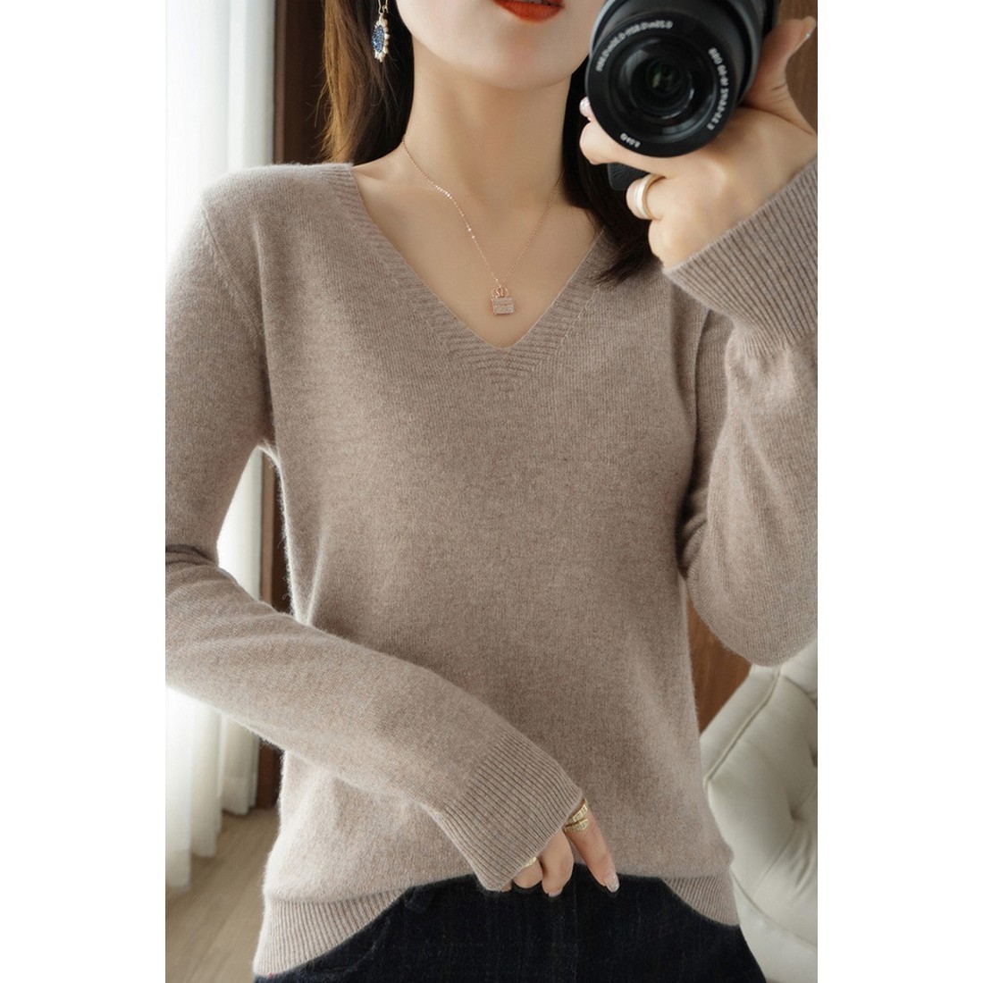 Vネックセーター レディース プルオーバー 無地 ウールセーター ニット 薄手 ベージュ Lサイズ【代引き不可】拍卖