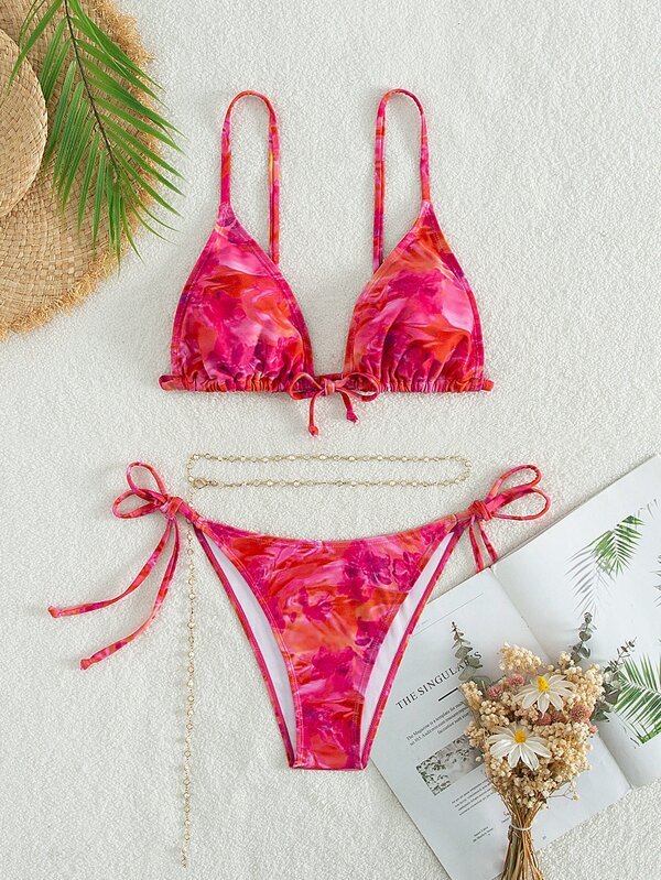 レディース 水着 ビキニセット 絞り染め ビキニセット 三角形 ノットフロント ブラジャー & 横結び ボトム & チェーン 3ピ拍卖