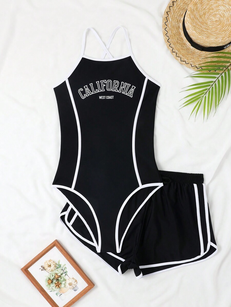 レディース 水着 ワンピース レディース モノキニ カラーブロック レタープリント ボーダー詳細付き トップス&ショートパンツ拍卖