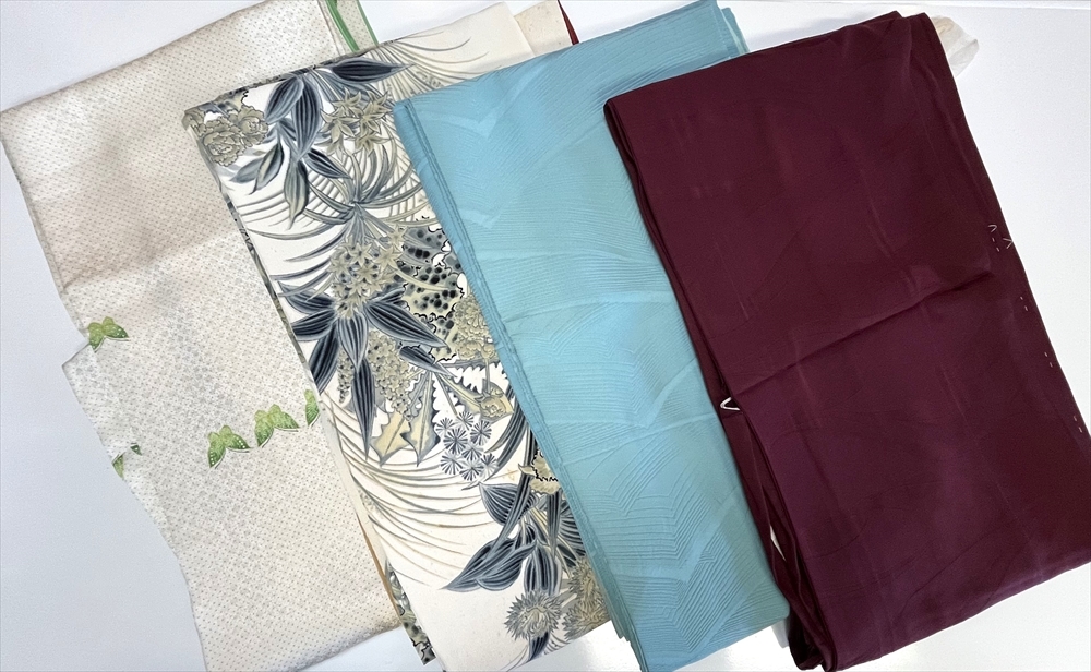 花とら●リサイクル着物 色無地 小紋 4枚まとめて 着用可能 臙脂 単衣 リメイク 素材 240130拍卖