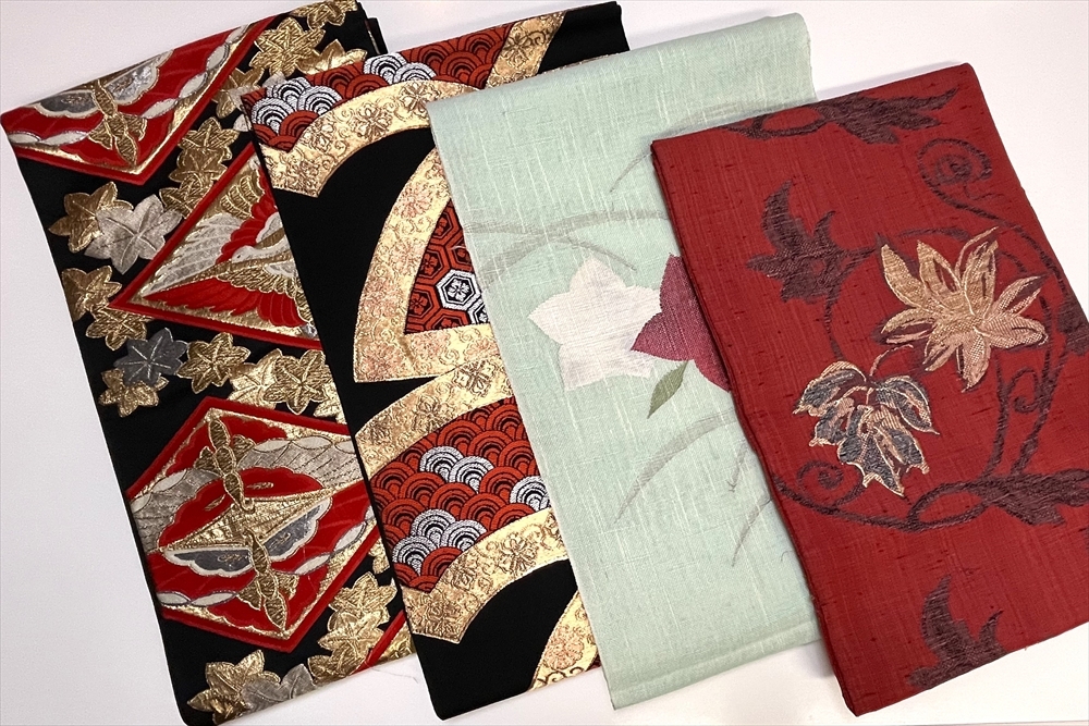 花とら●リサイクル帯 名古屋帯 袋帯 4本まとめて 使用可能 黒地 青海波 亀甲 向い鶴 向い蝶 紬地花 未使用品 240204拍卖
