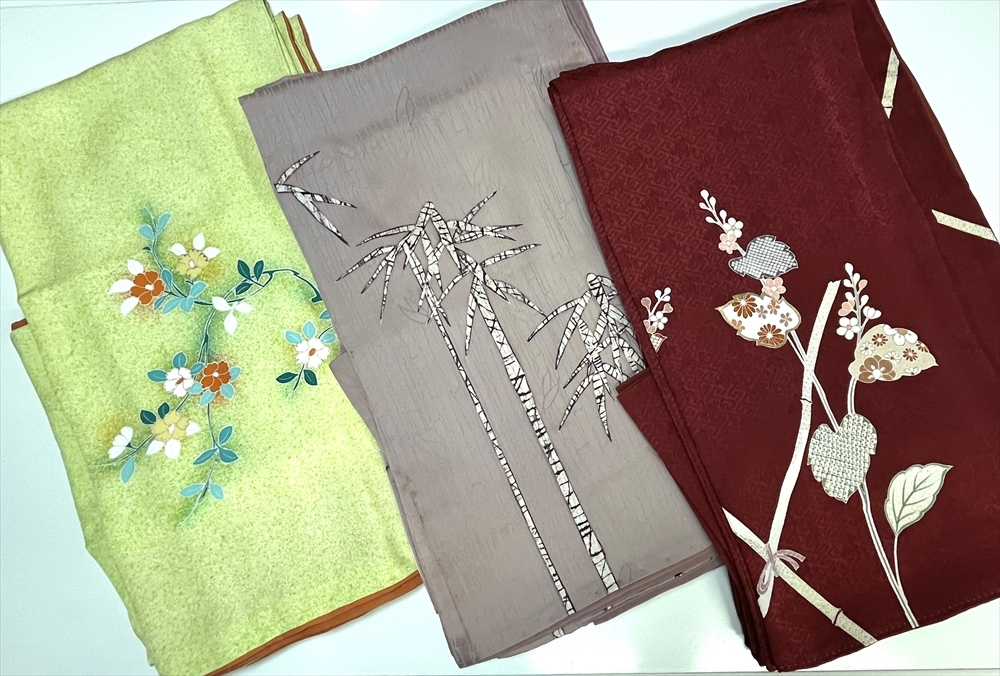 花とら●リサイクル着物 訪問着 3枚まとめて 黄緑 たたき染 椿 桜 ろうけつ染 竹 臙脂 菊 紋綸子 着用可能 240207拍卖