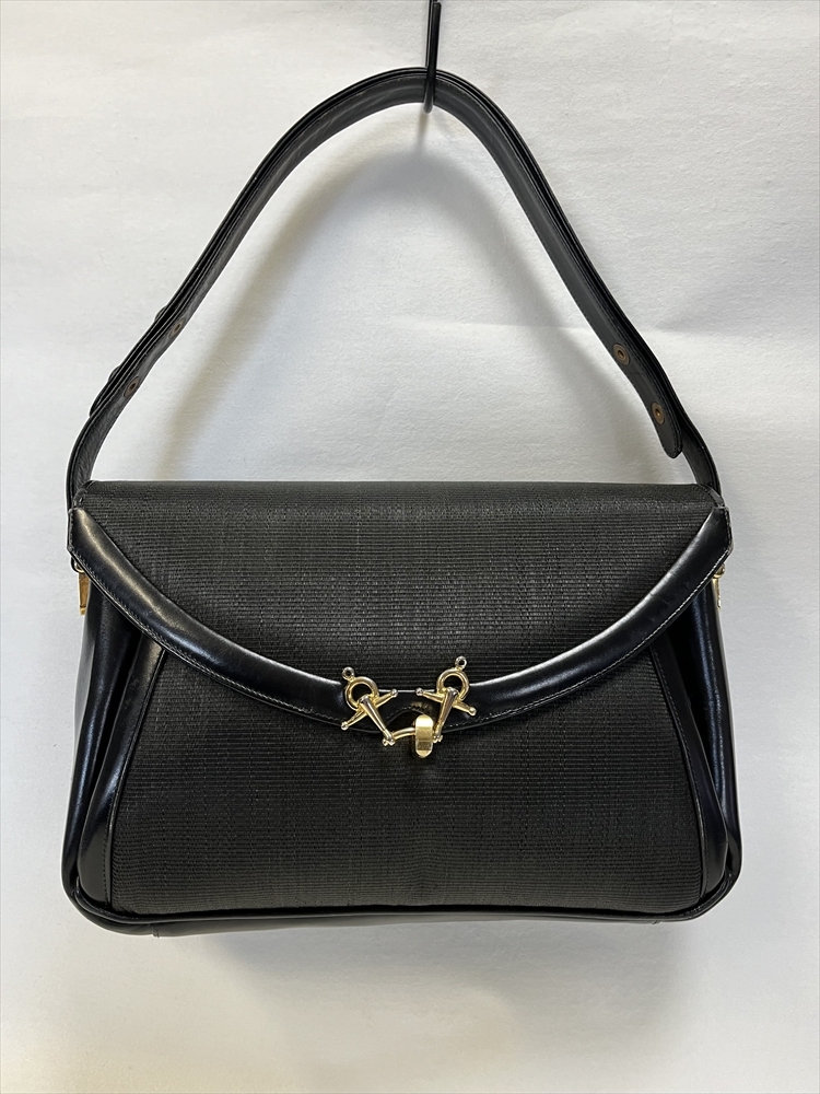 花とら●リサイクルバッグ ハンドバッグ 黒 ホースヘアー 240209拍卖