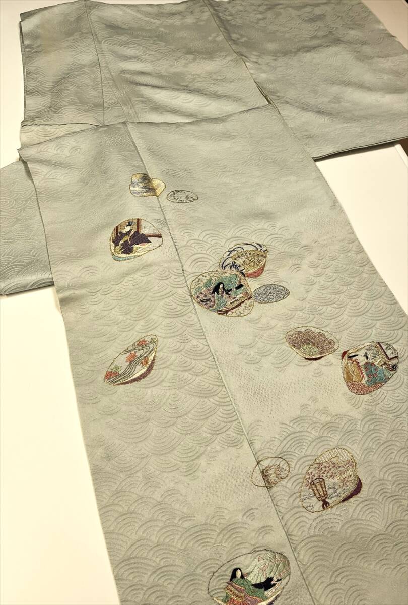 花とら●リサイクル着物 色留袖 一つ紋付き 貝合わせ 刺繍 青海波 源氏物語? リメイク 素材 細工物にも 240206拍卖