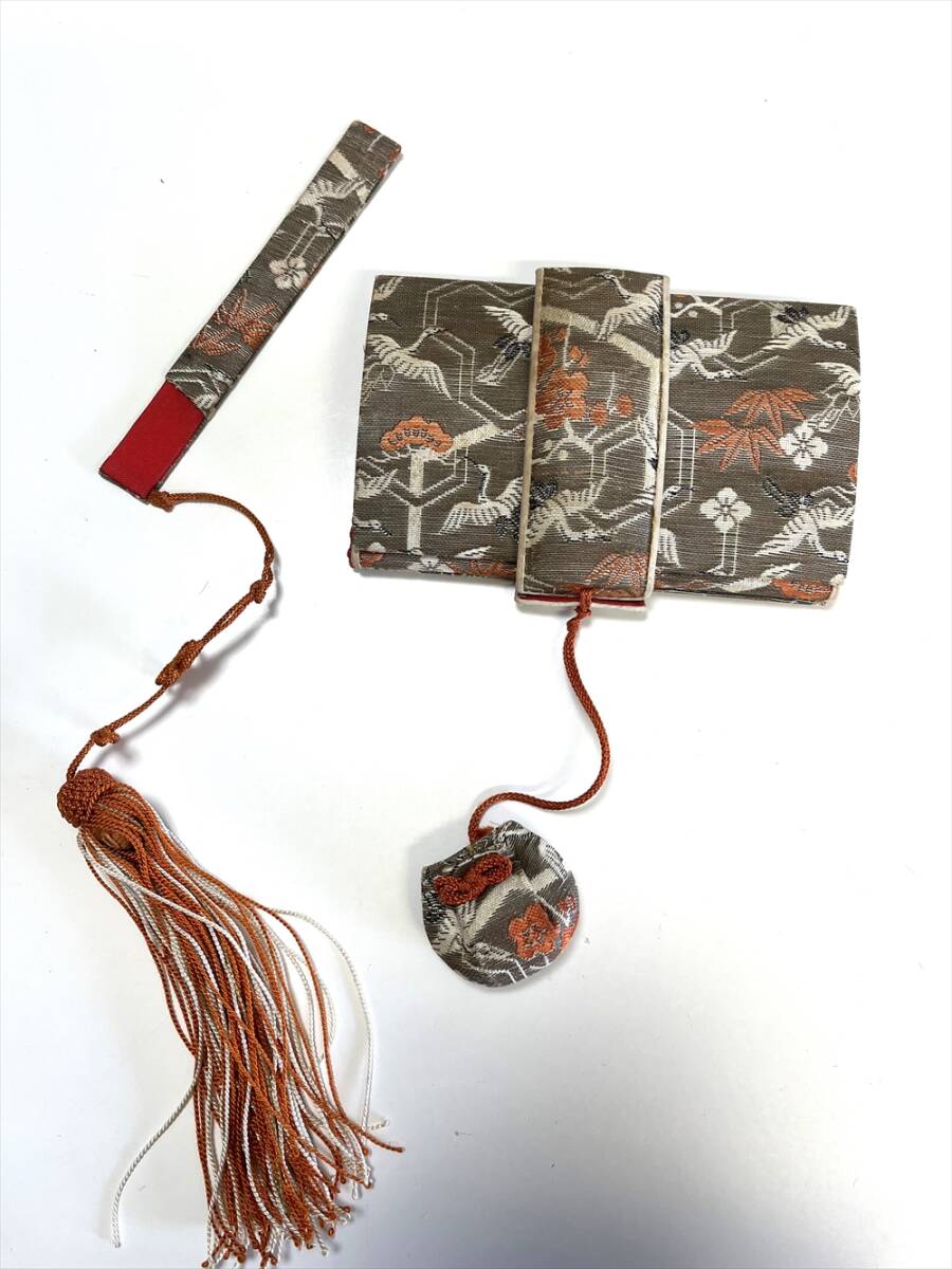 花とら●アンティーク筥迫 灰地 グレー 鶴 亀甲 花嫁 240201拍卖