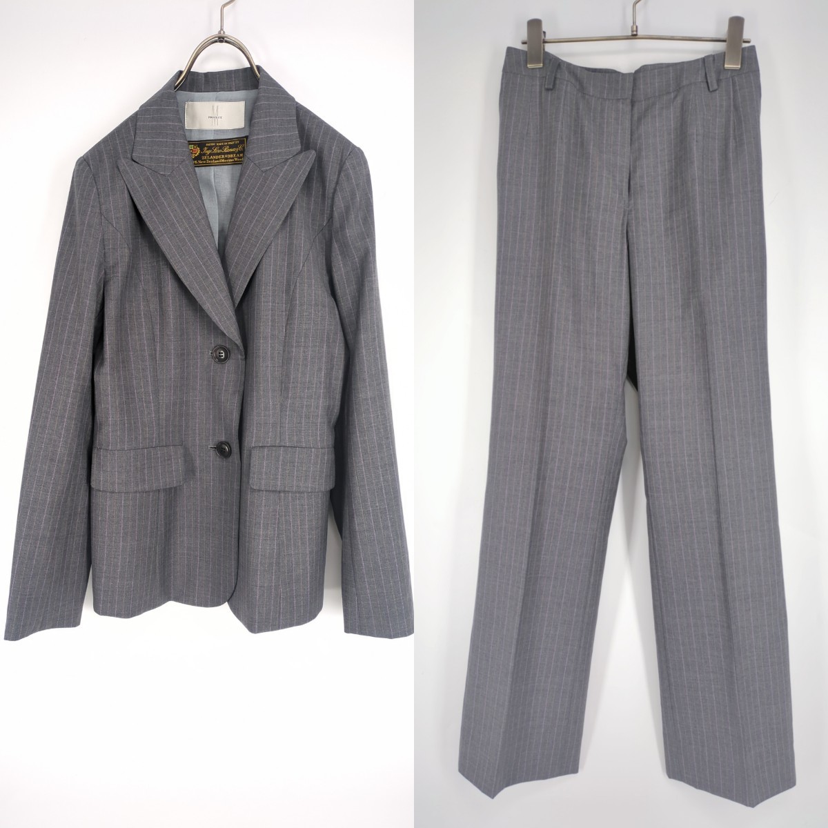 Loro Piana生地使用 日本製 レディーススーツ 7AR PROJECT グレーストライプ ロロピアーナ イタリア製生地 2B セットアップ 薄手 ウール拍卖