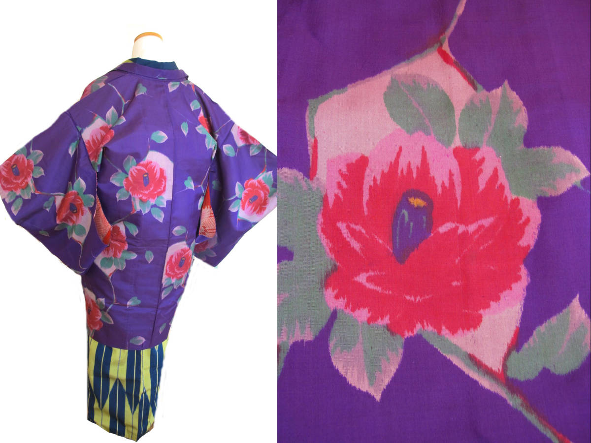 ロマンティック 紫に赤椿 アンティーク銘仙羽織 大正ロマン拍卖