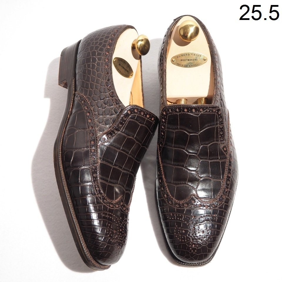 x5207P ▼EDWARD GREEN エドワードグリーン▼ WIGMORE クロコダイル スリッポン シューズ ブラウン E808 7/25.5cm ローファー rb mks拍卖