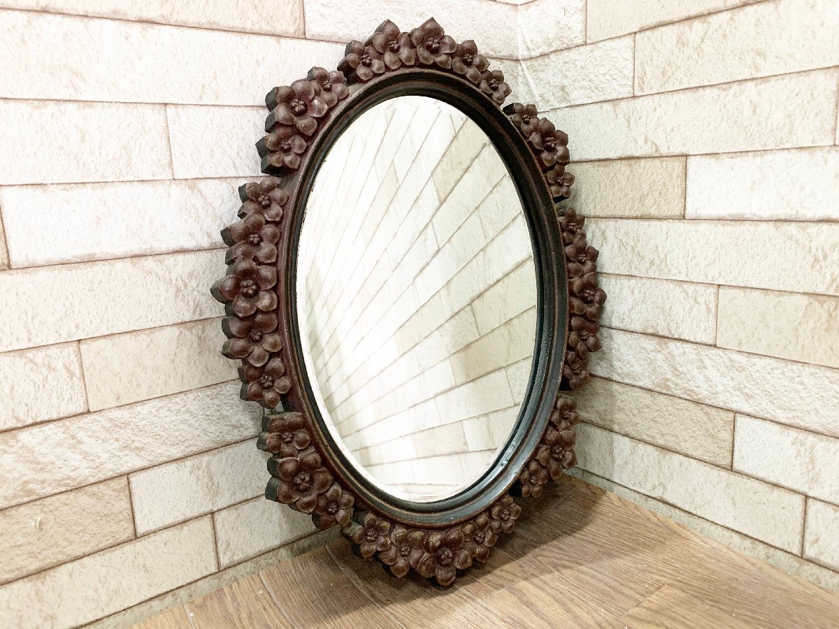 ヴィンテージ 木彫り レトロ 壁掛け鏡 ウォールミラー 鏡 ミラー アンティーク 装飾 彫刻 店舗什器 花 彫刻 インテリア(畑317)拍卖