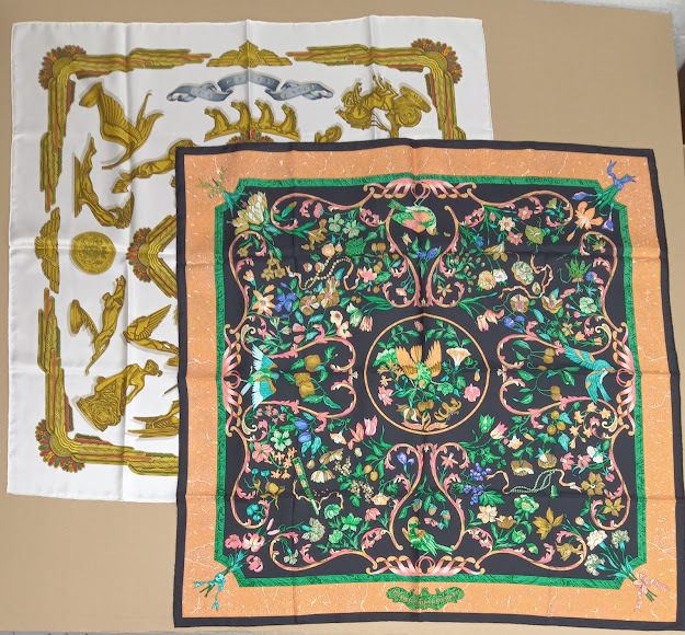 ▽ 【203】 エルメス スカーフ 2枚 / HERMES カレ90 LES PARURES DU VENT 風の装い 東洋の石と西洋の小細工 Pierres d Occident オレンジ 拍卖