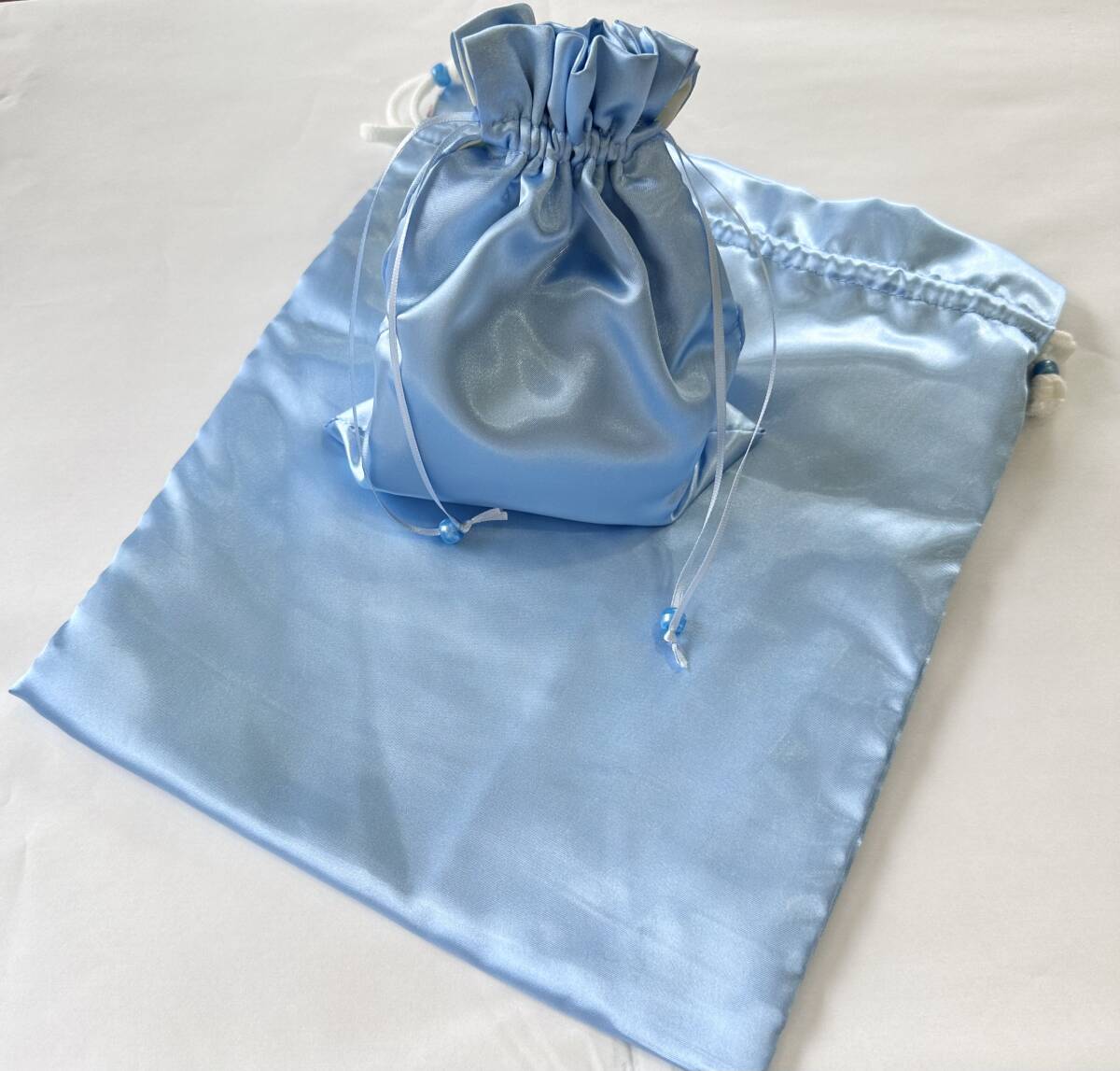 小物入れ、整理・旅行などに 巾着袋2枚セット ブルーサテン② 大・中拍卖