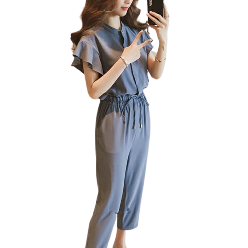 フレンチスリーブ フリル セットアップ ブラウス テーパードパンツ フリル袖 2点セット レディース (ブルー, S-XXL)DJ1122拍卖