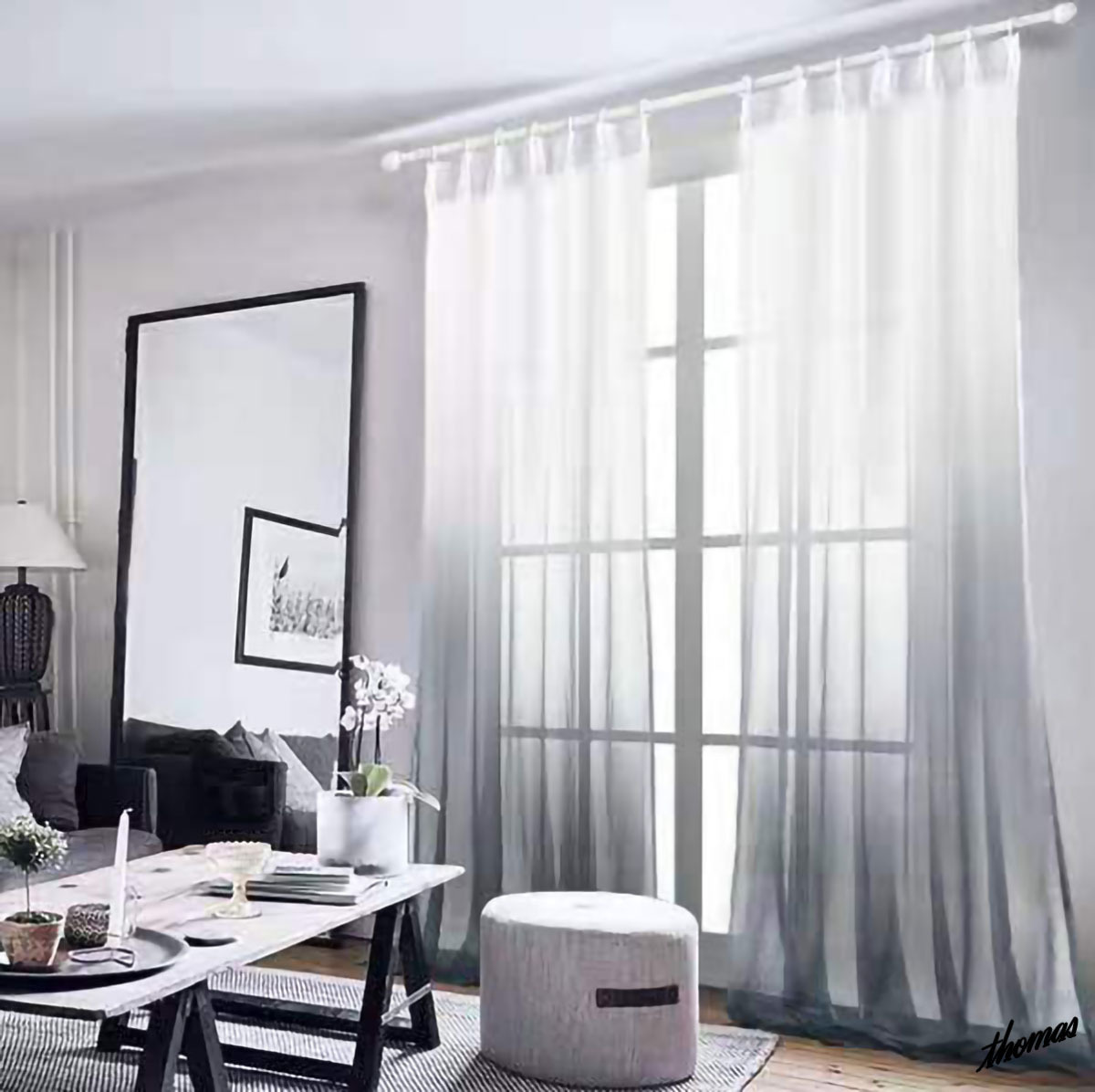 オシャレな透け感◆レースカーテン 幅100x丈200cm 2枚組 洗濯可 UVカット プライバシー保護 新生活 グラデーション ホワイト×グレーDJ381拍卖