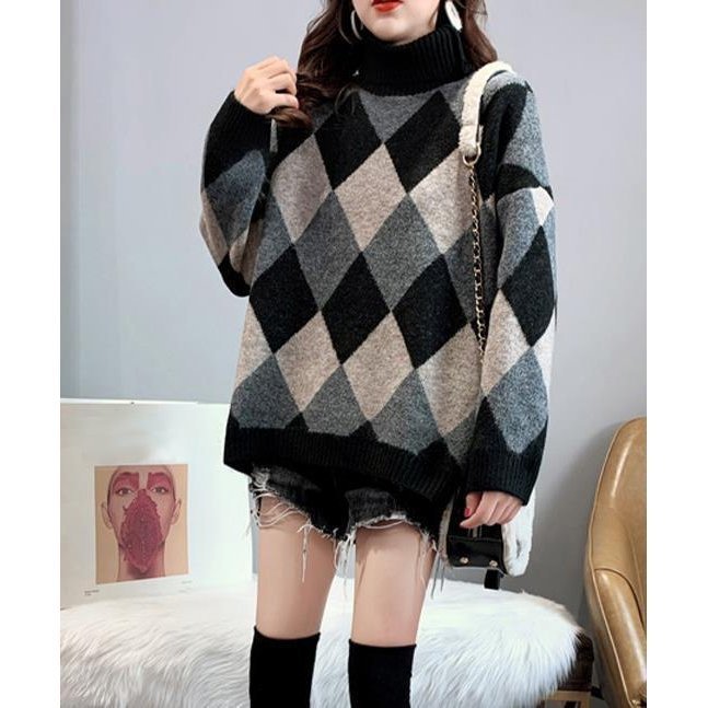 ハイネック チェック柄 ニット セーター レディース 厚手 トップス 体型カーバー 防寒 秋冬 ゆったり フリーサイズgyma1265拍卖
