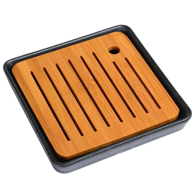 LDL347#茶盤 中国茶道具 モダン シンプル 竹 陶磁器製 正方形 (ブラック)拍卖