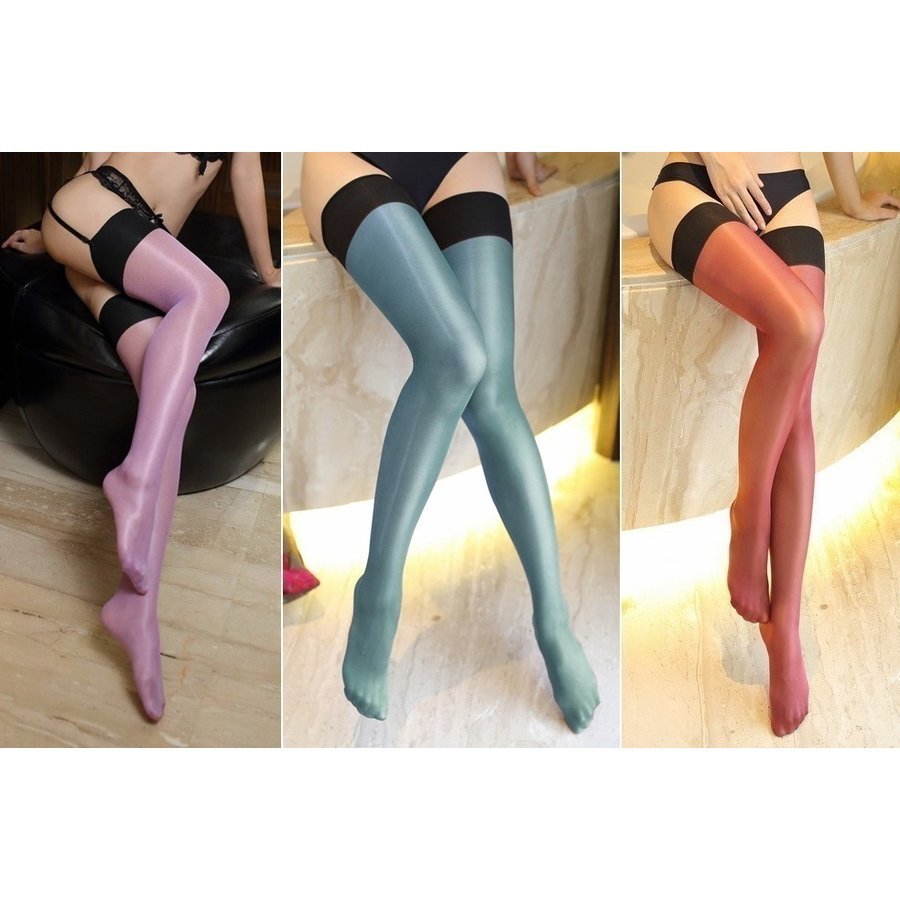 セクシー光沢 ガーター ストッキング 30デニール ガーターベルト不要/レッド パープル ダークブルー ニーハイ 可愛い★3色セットgymb1526拍卖