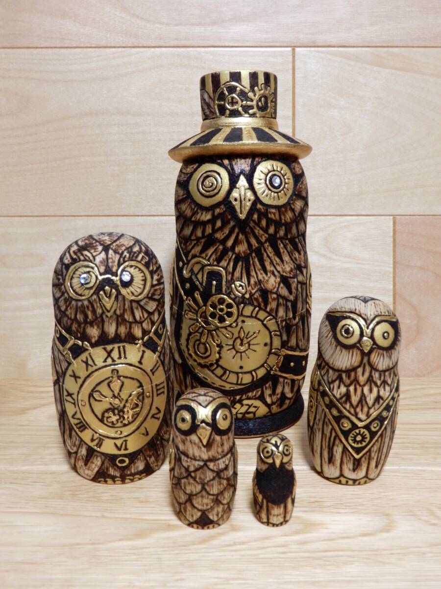 ★オクサナ・アキモワ マトリョーシカ ~ スチームパンク風 ふくろう・梟・フクロウ ~ 作家もの russian matryoshka nesting dolls拍卖