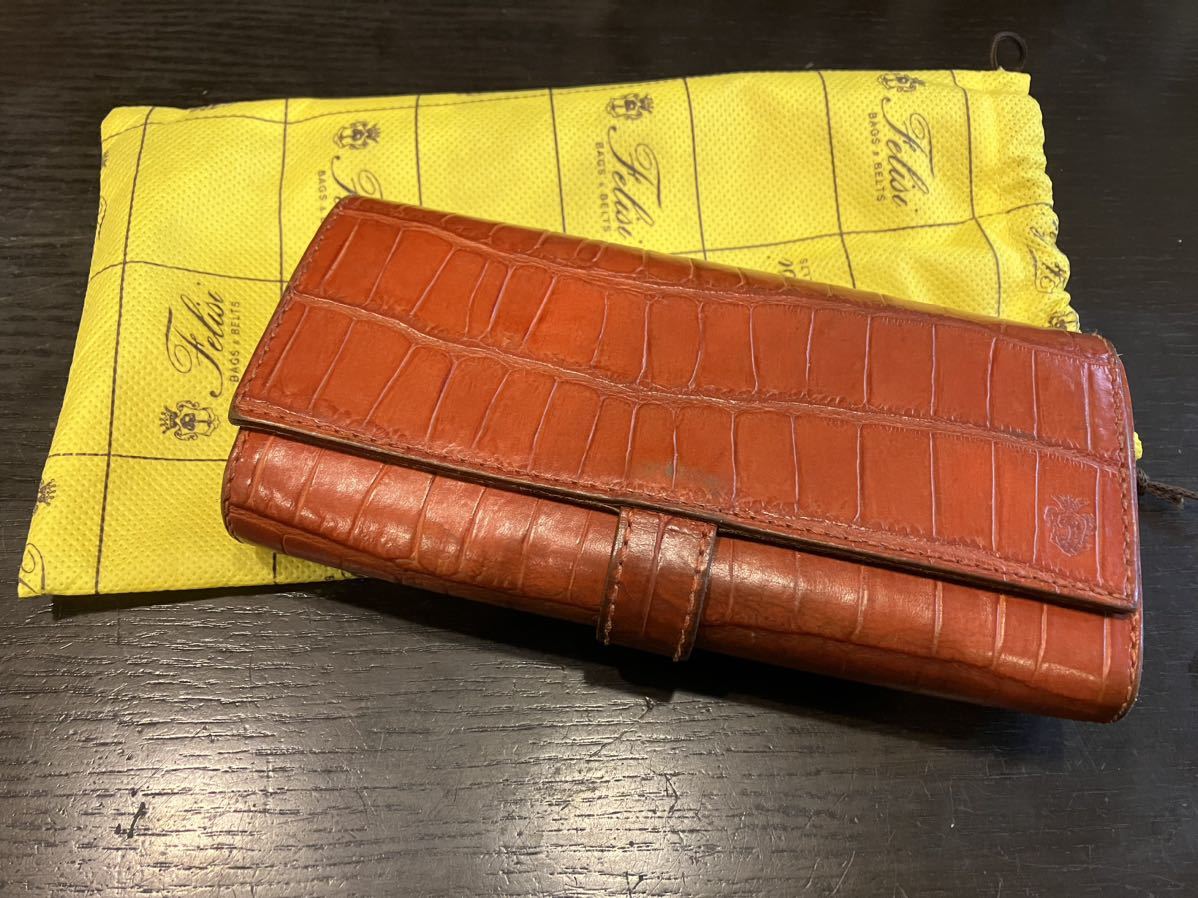フェリージ Felisi ロングウォレット 長財布 USED※クロコ型押し ・レザー 財布 ・ブラウン財布・ダブルボタン・ブラウン ・皮・皮革拍卖