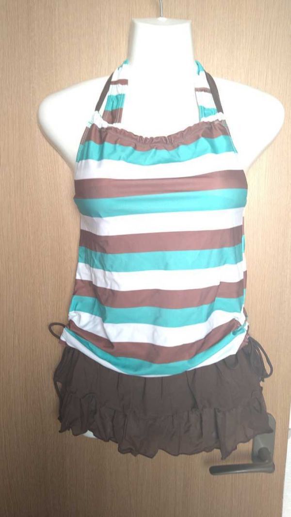 ★緑×茶×白・ボーダー柄ビキニ4点セット★L★ワイヤー入★拍卖