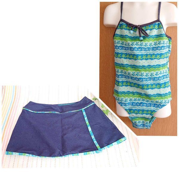 ☆お子さまサイズ☆水色×緑☆花柄のワンピース水着2点セット☆ミニスカート付き☆140☆株式会社ヤマトヤ☆拍卖