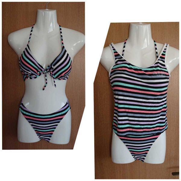 ☆marie clair Fornm☆黒×ピンク×黄緑×うす紫☆ボーダー柄のビキニ2点セット☆9M☆日本製☆ニッキー株式会社☆タンキニ水着☆拍卖