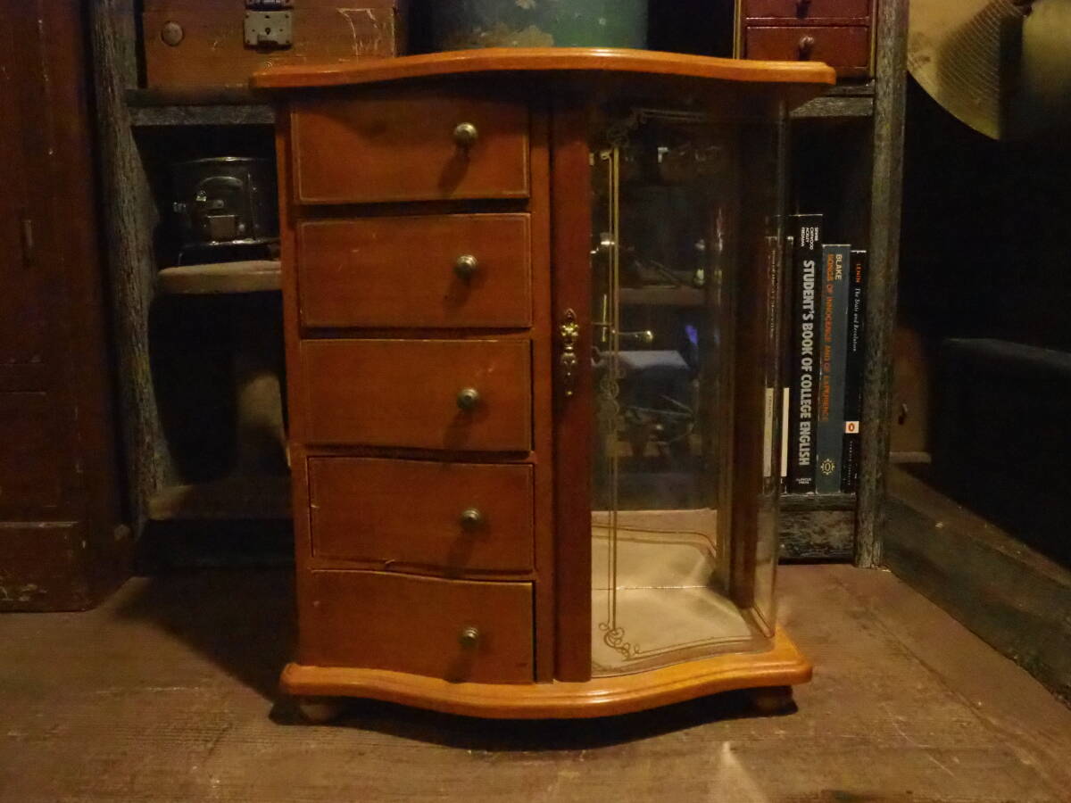 【木製ジュエリーボックス】オルゴール付きネックレスハンガー宝石箱コレクションケース古道具アンティーク骨董引出し収納インダストリアル拍卖