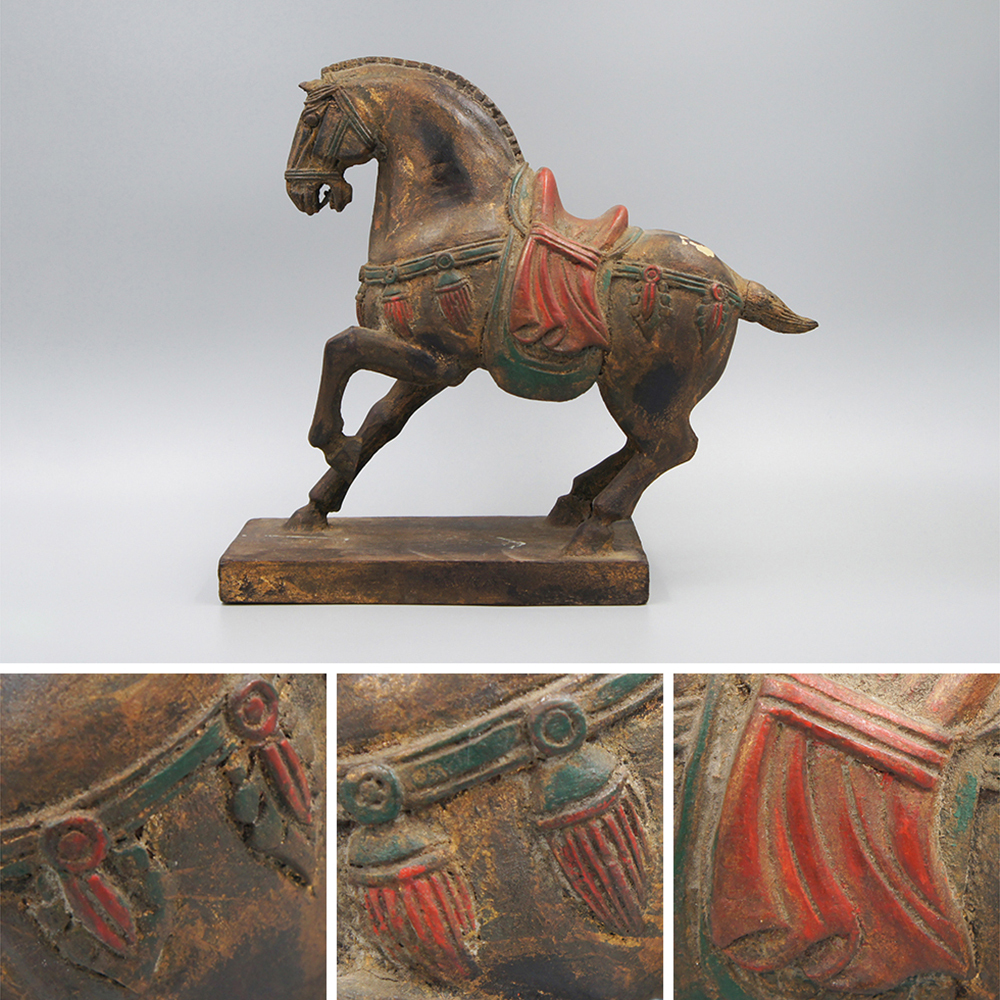 【中国美術】 ★ 文房 塗金木彫戦馬 ★ 清朝期 紅穂 紅鞍 彫刻文様 清供雅玩 検 清代清時代李朝縄文文房置物唐物骨董古董古玩古美術拍卖