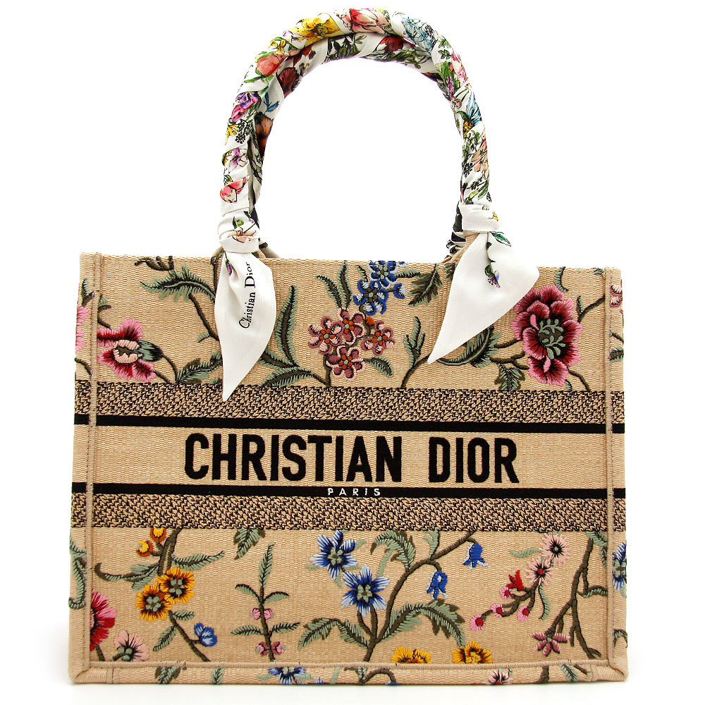 中古美品 Dior Book Tote トートバッグ ディオール ブック トート ミディアム プティット フルール ツイリー付 イタリア製 ベージュ 花柄拍卖