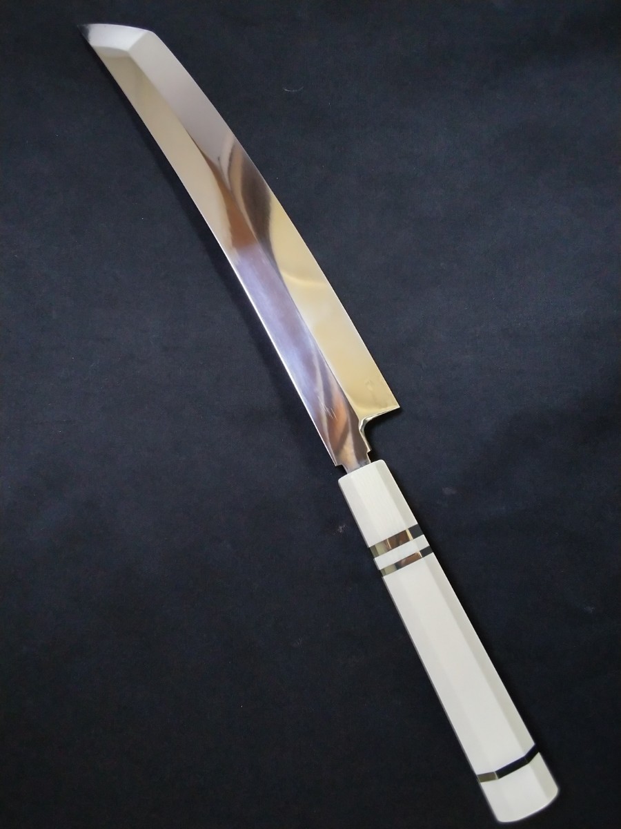 城山刃物製作所(堺業務用刃物メーカー直売)九寸 剣型先丸 銀三本焼き 三面完全ウルトラ鏡面 新作銀巻き柄 拍卖