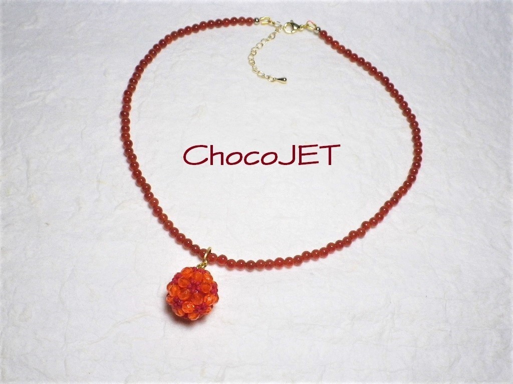チェコビーズボールネックレス・カーネリアン オレンジ・レッド・赤橙丸玉くす玉 拍卖