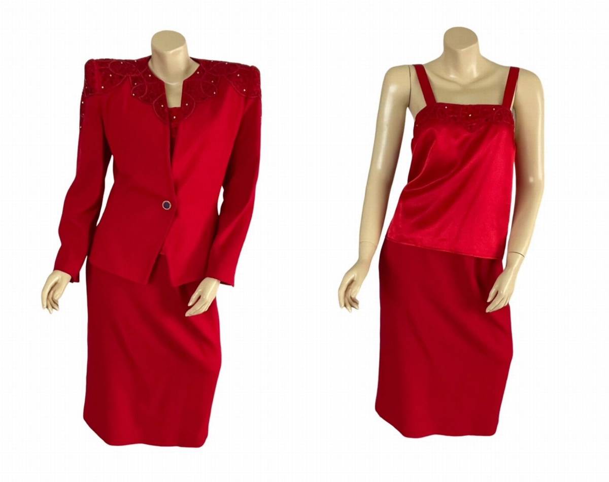 ウール100% 赤の上下セットアップ 3点セット USサイズ8拍卖