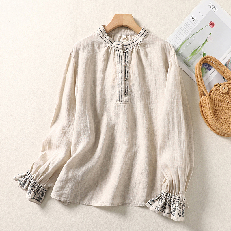 「同梱1万円送料無料」春カジュアル*20304050代*刺繍*立ち襟*ゆったり大きいサイズ*亜麻*長袖シャツブラウス*白拍卖