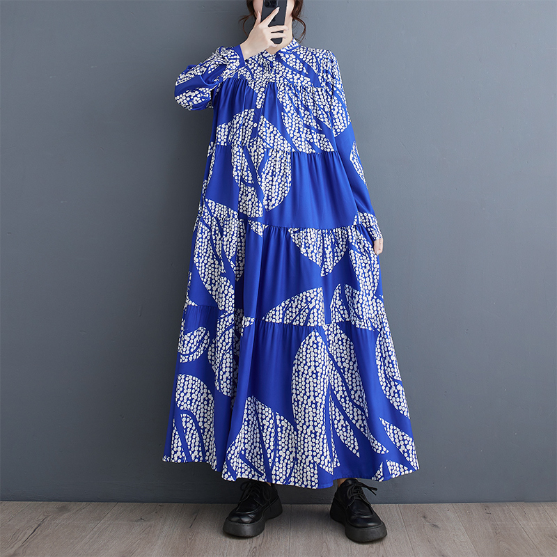 「同梱1万円送料無料」 春夏*新作**レディース*カジュアル*プリント*ゆったり大きいサイズ体型カバー*ロング丈長袖ワンピース*ブルー拍卖