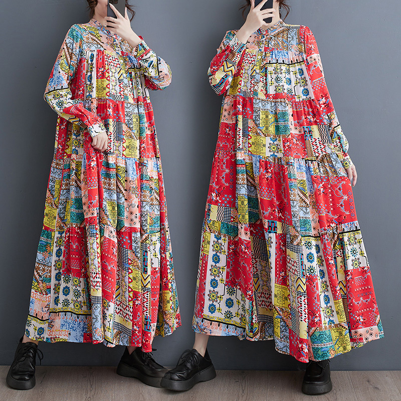 「同梱1万円送料無料」 春夏*新作*レディース*カジュアル*切り替え*プリント*ゆったり大きいサイズ体型カバー*ロング丈*長袖ワンピース*拍卖