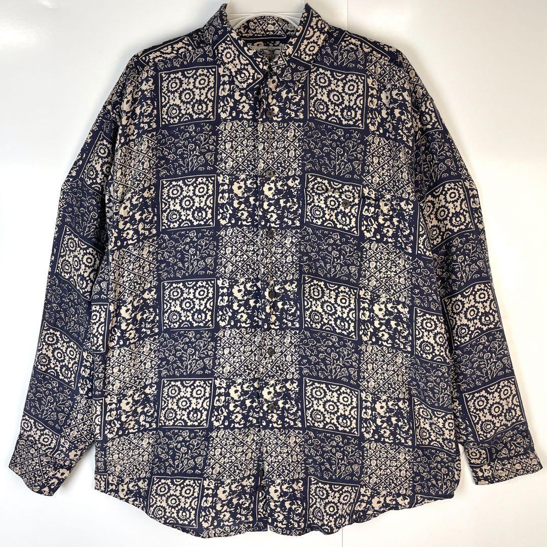 Chiamare長袖シャツ総柄シャツシルク素材ネイビーホワイトヴィンテージ拍卖