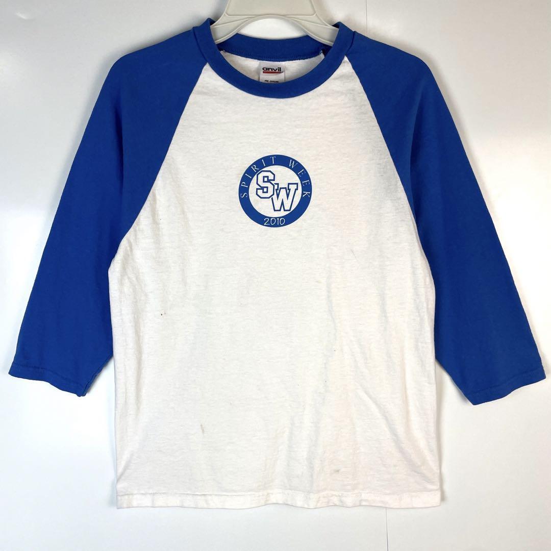 AnvilアンビルラグランTシャツロンT7分袖ホワイトブルーシンプルヴィンテージ拍卖