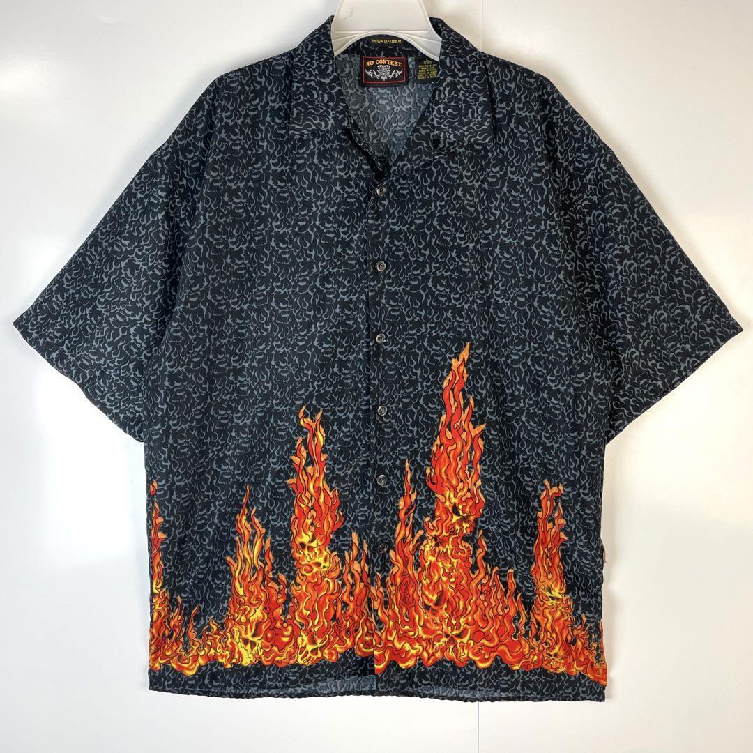 MICROFIBER No Contest開襟シャツ炎ファイヤー総柄ヴィンテージ拍卖