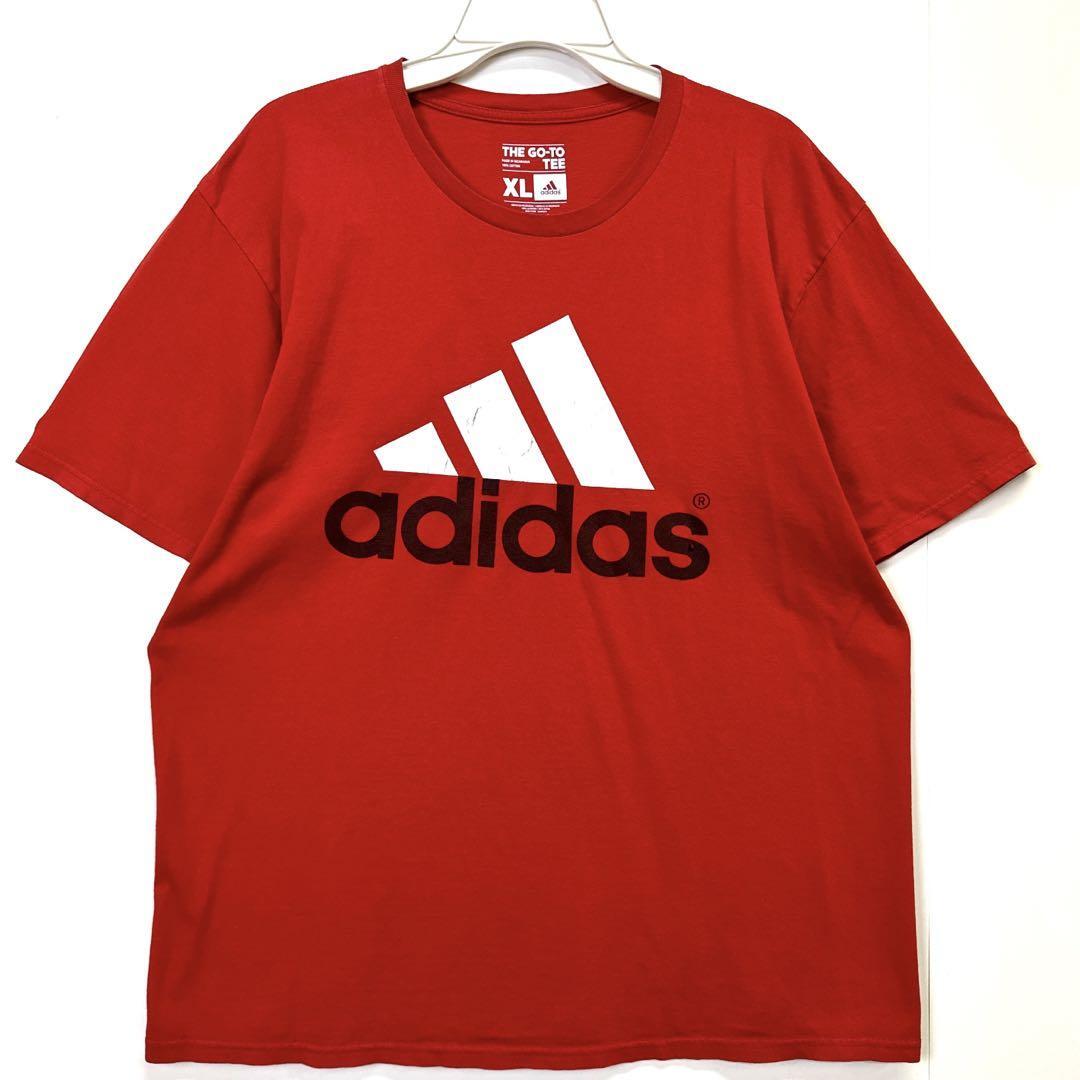 adidasアディダスデカロゴプリントTシャツレッドホワイトスポーツヴィンテージ拍卖