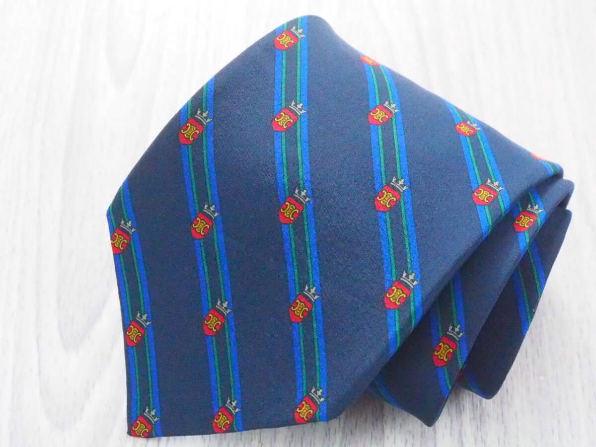 美品 【CELINE セリーヌ】A1437 ネイビー ロゴ SPAIN スペイン製 SILK ブランド ネクタイ 古着 良品拍卖