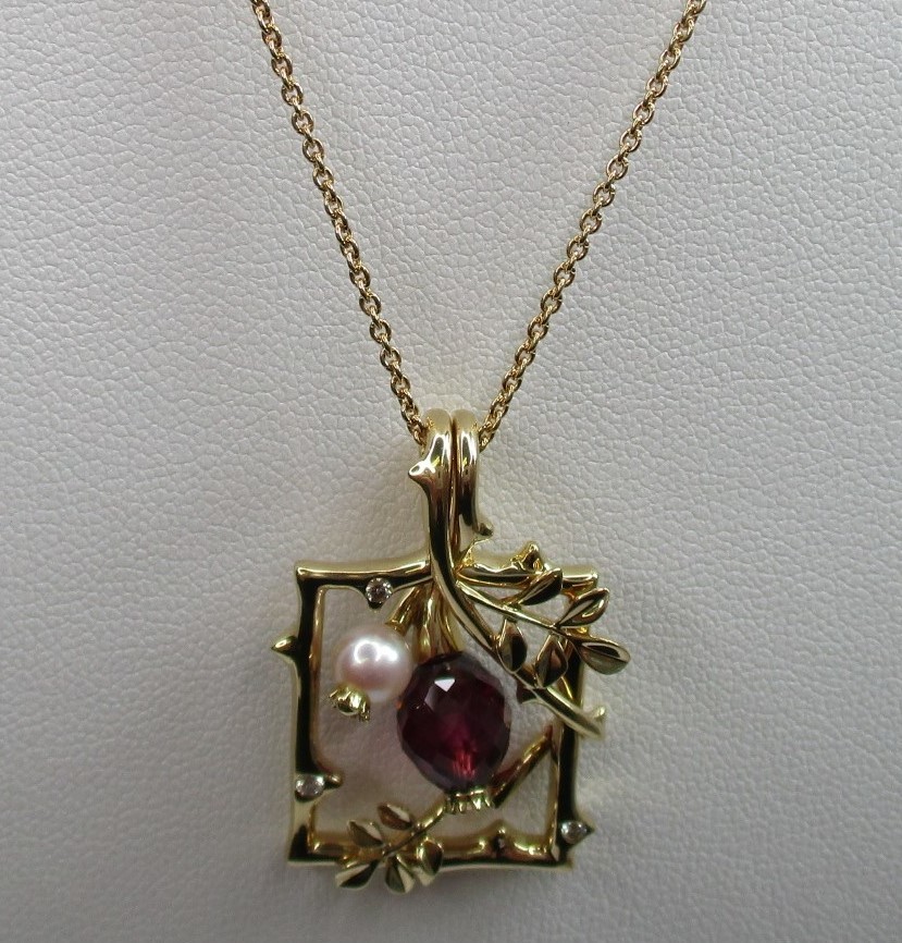 N-333 ミキモト製品 K18 イエローゴールド ネックレス ガーネット 真珠 ダイヤ3P MIKIMOTO拍卖