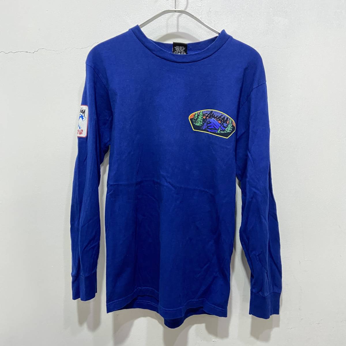 ☆送料無料☆STUSSY☆ステューシー☆プリントロンT☆ワッペン風☆メンズS☆青☆メキシコ製☆B24M拍卖