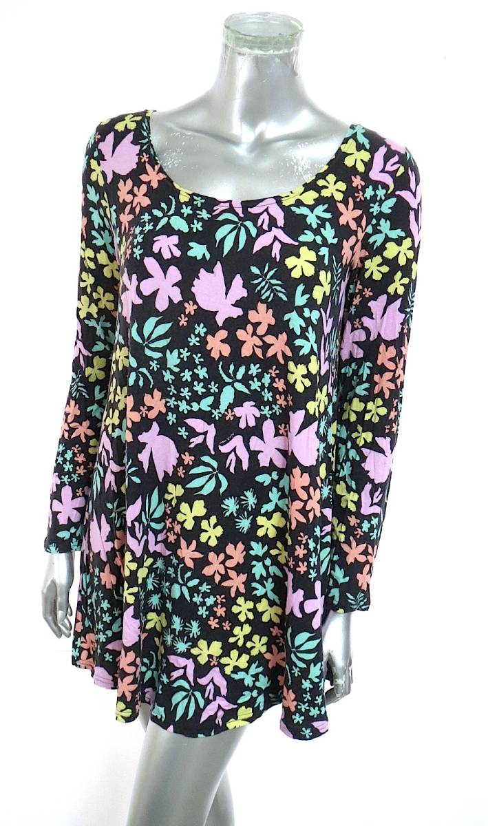 二点落札で送料無料! N020 ninamew ニーナミュウ 黒×カラフル 花柄 チュニック トップス レディース ブラック 長袖 Tシャツ B拍卖