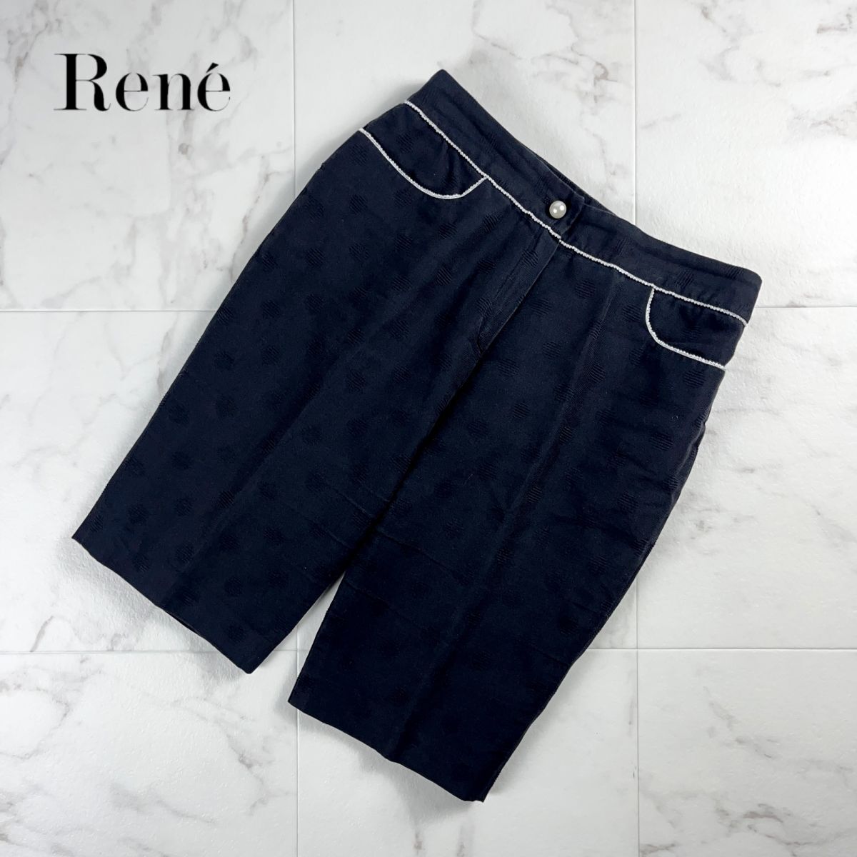 美品 Rene ルネ TISSUE社製 ドット柄生地 パール ハーフパンツ ボトムス レディース 黒 ブラック サイズ36*MC85拍卖